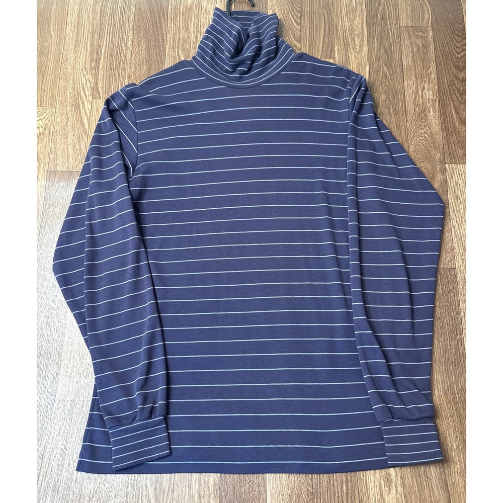 Vintage LL Bean Mens Navy Blue White Striped Turtleneck Long Sleeve Shirt XL